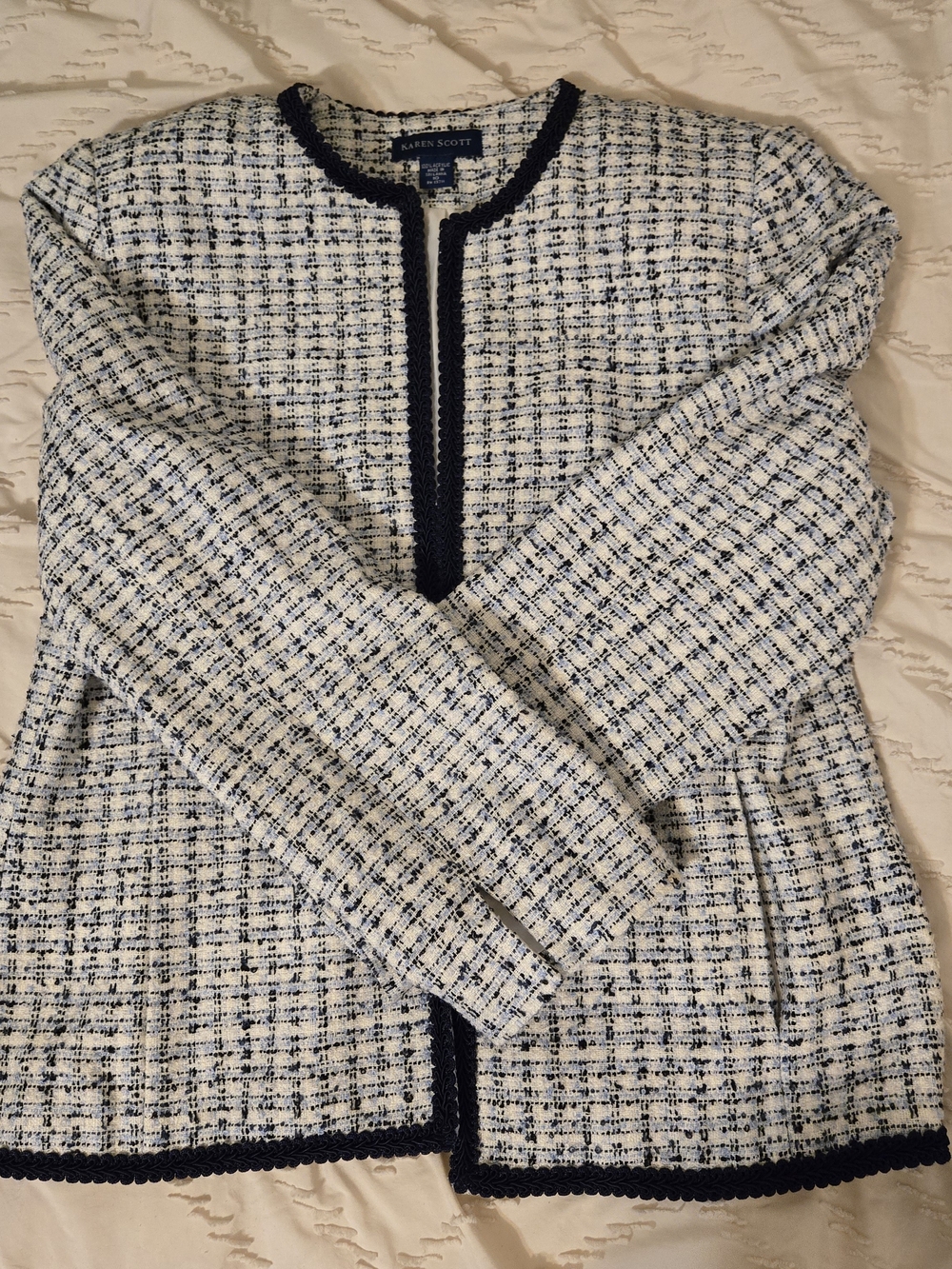 Karen Scott Navy & White Tweed Open-Front Jacket